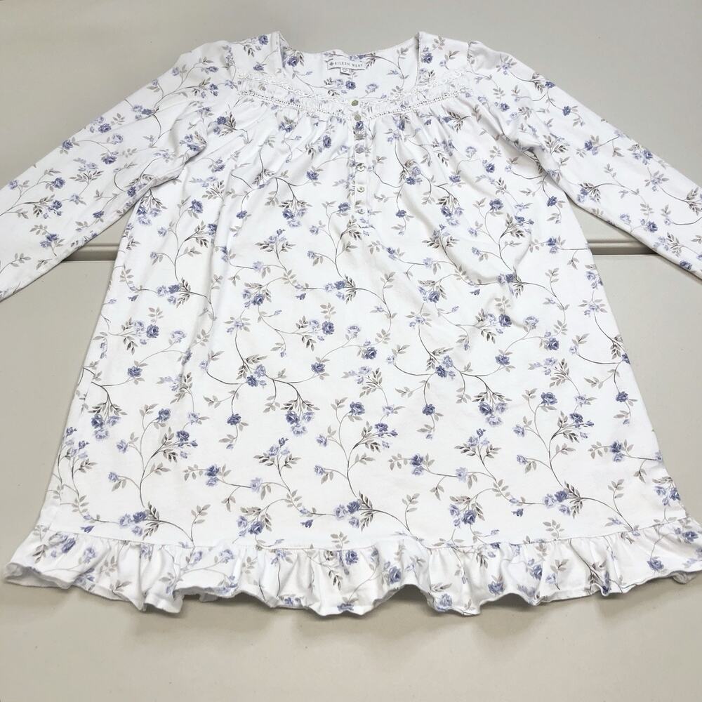 Eileen West Nightgown Womens M White Blue Floral Print Cotton Lace Cottage Core